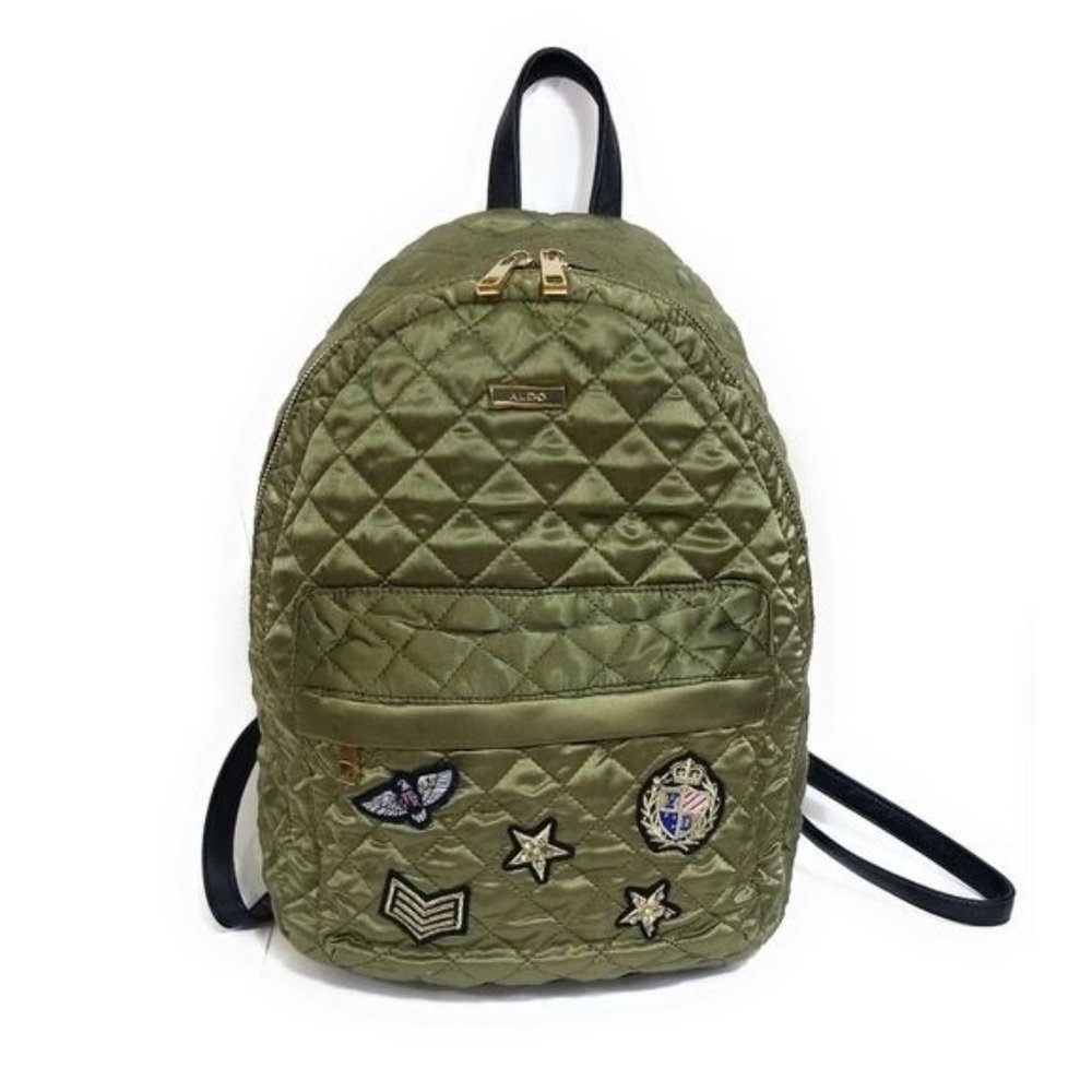 Aldo Womens Satin Quilted Backpack in Olive Army Green Patchwork Detail